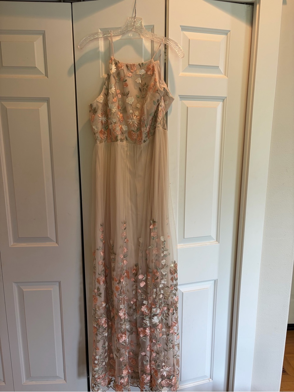 Embroidered Blush Maxi Dress with Floral Appliqué